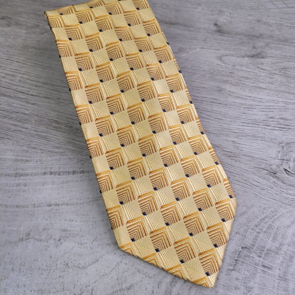 Joseph A Bank Silk Tie Gold Geometric Pattern Italy Necktie Signature Collection